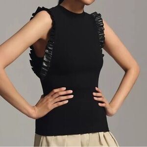 Anthropologie | Leather Trimmed Ruffle Tank